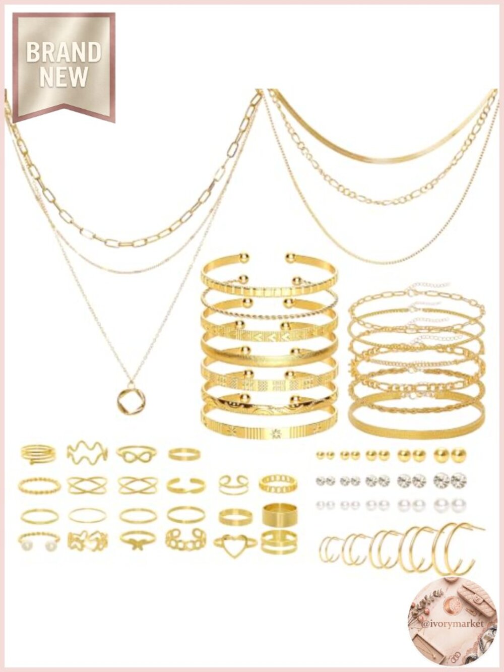 Dainty Layered Jewelry Set - 57 Pc Gold/Silver Necklaces, Bracelets, Rings &